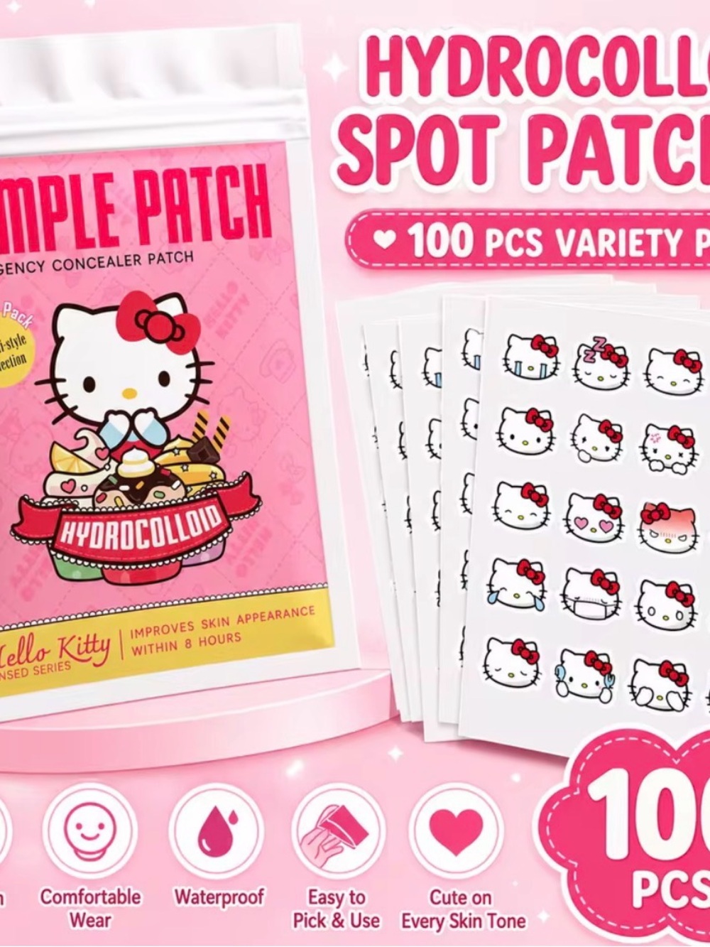 Hello Kitty Pink Hydrocolloid Spot Patches Cute Skincare Stickers